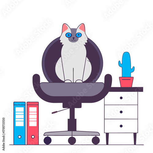 Beautiful Ragdoll Cat Sitting on Modern Office Chair with Round Backrest
