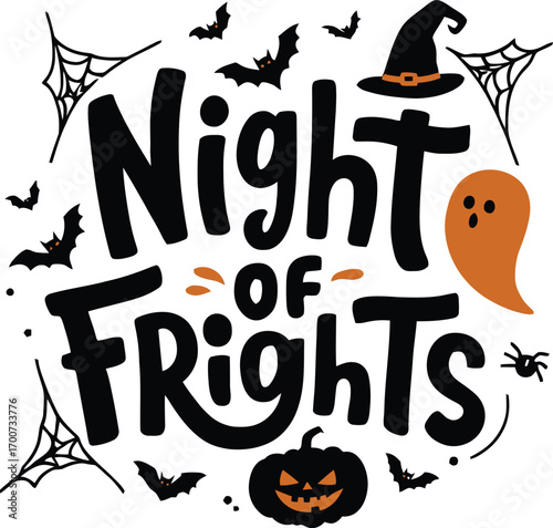 Spooky night of frights halloween celebration with ghosts bats pumpkins and spiderwebs vector t shirt design