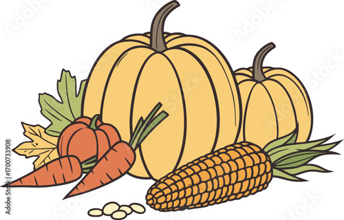 A group of pumpkins, corn, and other vegetables. Thanksgiving clipart on white background.