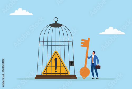 Vector illustration of a businessman stuck a warning sign into a cage, symbolizing risk management, caution, and safeguarding against potential dangers
