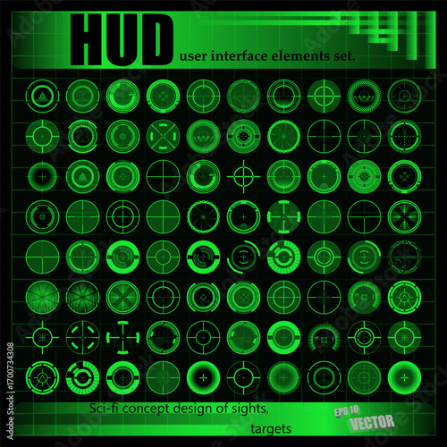 A futuristic set of elements for the user interface and video games.Sci-fi concept design of sights, targets.A set of elements for the dashboard of military vehicles, tanks,and aircraft.