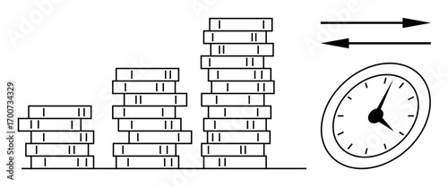 Increasing stacks of coins symbolize financial growth. Clock and arrows denote time management, productivity, and strategy. Ideal for investment, savings, planning, success, achievement business