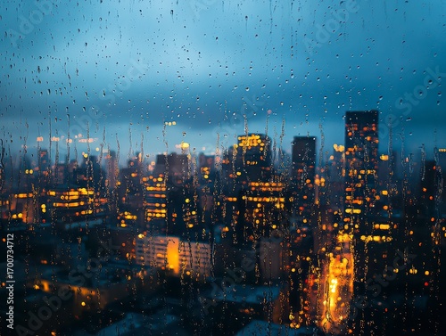 Fototapeta Naklejka Na Ścianę i Meble -  City skyline is visible through a window with raindrops on it
