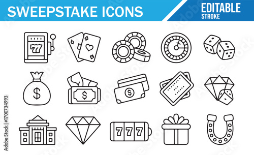 Editable stroke sweepstake icon collection for casino, luck, and fortune themes