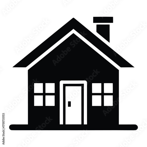 Simple black silhouette of a house with chimney and windows