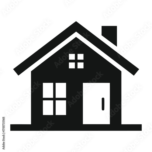Simple black silhouette of a house with chimney and windows