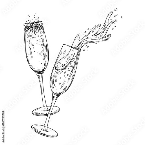 Festive composition with champagne glasses and bubbles, monochrome hand drawn ink line art illustration, elegant black and white Christmas element for holiday design, cards and celebration.