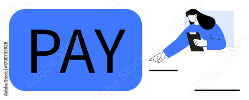 Large blue Pay button alongside a woman with tablet pointing to engage. Ideal for fintech, online payment, e-commerce, mobile apps, financial services, technology solutions, simple landing page