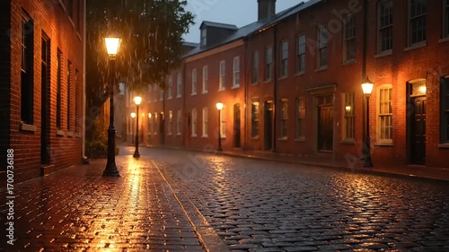 Peaceful Rainy Night on a Historic Cobblestone Street with Warm Streetlight Reflections on Wet Pavement and Old Brick Buildings
