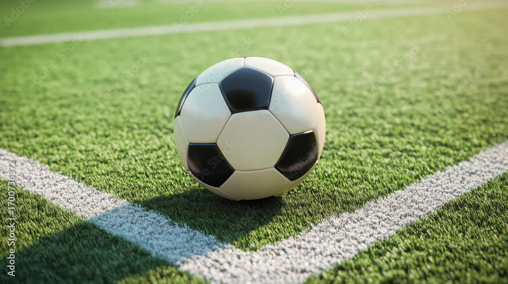 Fototapeta premium Soccer ball placed at the corner of a green sports field Generative AI