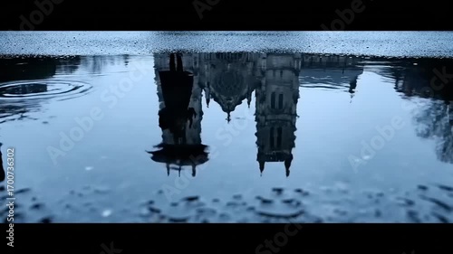 Reflection of a majestic Gothic cathedral and a person holding an umbrella in a street puddle