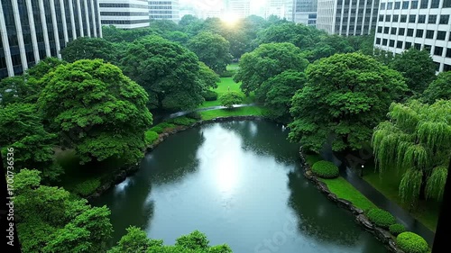 Rainy morning in a city park with a reflective pond, surrounded by lush green trees and urban buildings, with soft sunlight breaking through the clouds.