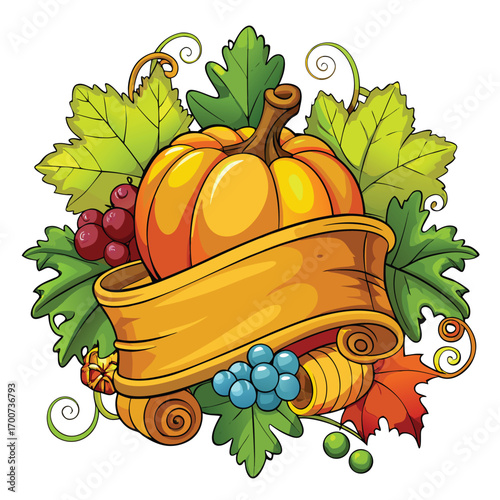 Autumn harvest pumpkin with ribbon and grapes fall