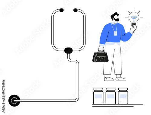 Man holding lightbulb while inspecting liquid-filled jars and a simplified wiring setup. Ideal for innovation, energy, creativity, problem-solving, science, engineering, research, simple flat