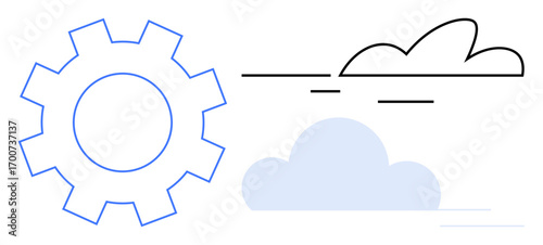 Blue outlined gear and stylized clouds evoke ideas of technology, innovation, and cloud solutions. Ideal for cloud computing, automation, collaboration, strategy, engineering, data storage simple