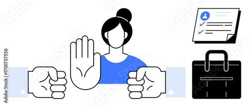 Woman gesturing stop with palm facing outward, surrounded by pushing hands, document, and briefcase. Ideal for workplace ethics, conflict resolution, professional boundaries, business communication