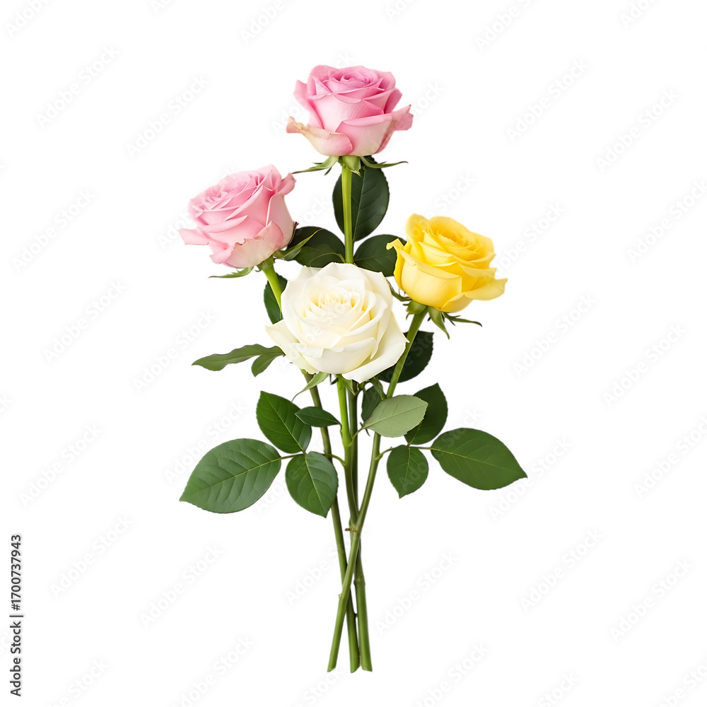 Obraz premium A delicate arrangement of pink, white, and yellow roses, each rose showcasing its unique hue and soft petals, set against a clean white backdrop, isolated on transparent background the composition exu
