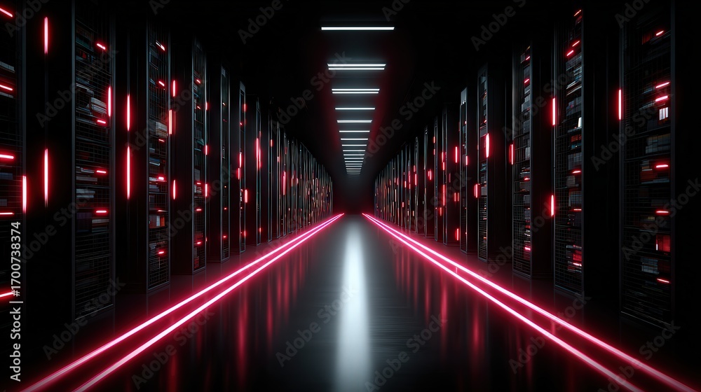 Fototapeta premium A futuristic server room with glowing red accents and sleek design, ideal for technology, data storage, or cybersecurity projects, Perfect for websites, marketing materials, or presentations,