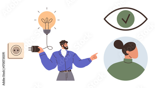 Man holding plug and pointing to a lit lightbulb with eye-checkmark icon, female profile, and socket nearby. Ideal for creativity, verification, teamwork, innovation, energy, productivity