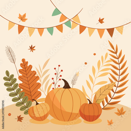 Autumn Pumpkins and Foliage with Festive Bunting fall