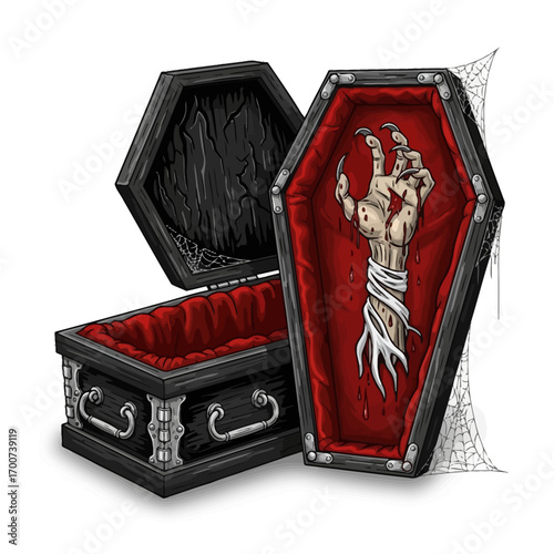 Spooky mummy hand emerging from opened coffin decoration halloween prop illustration