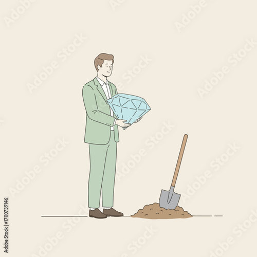Man in suit holding diamond next to shovel, representing hidden wealth