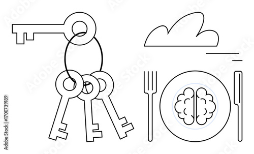 Four keys hanging on a ring near a brain on a plate with a fork and knife. Ideal for education, knowledge, solutions, creativity, growth mindset, ideas, simple landing page