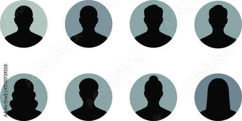 Set of diverse, anonymous user avatars in black silhouette, representing a variety of genders and hairstyles for profiles and social media.