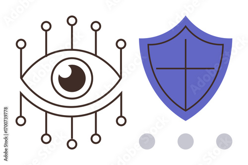 Eye with network connections beside shield symbolizing cybersecurity, surveillance, protection, and digital privacy. Ideal for tech, data security, privacy, smart systems, AI safety monitoring