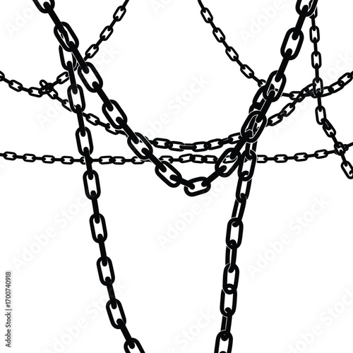 Black chain links hanging against white background, symbolic of strength, security, and connection, perfect for various design concepts