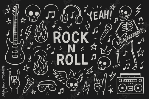 Doodle-style rock and roll illustration with guitars, skulls, lightning, and grunge elements