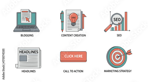 Marketing and content creation icon set with blogging, SEO, headlines, call to action, and marketing strategy for digital business.