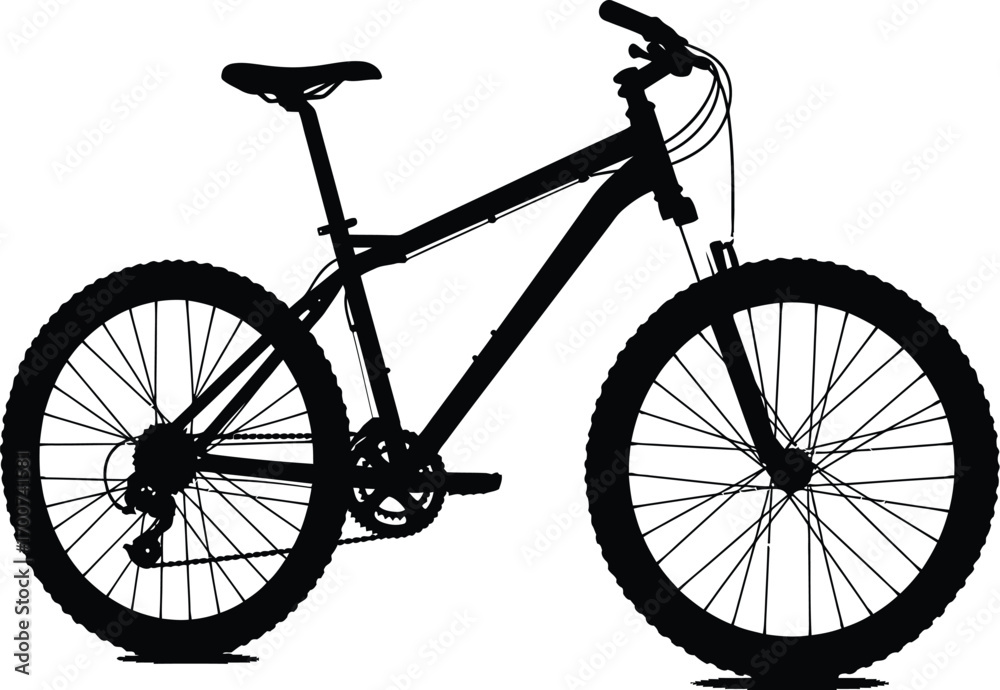 Obraz premium Dynamic black silhouette of mountain bike isolated on white background, perfect for outdoor adventure and sports projects, ideal for travel and health concepts