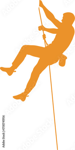 Adventurous climber rappelling down a rock face silhouette with rope against a stark black background, ideal for outdoor lifestyle projects