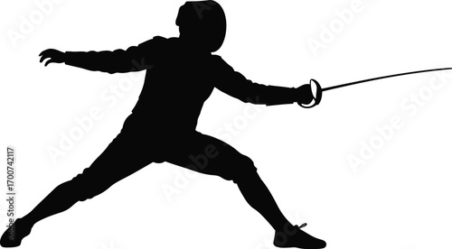 Dynamic silhouette of a fencer lunging forward with épée, perfect for sports branding, martial arts, and competitive design