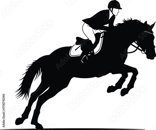 Dynamic silhouette of equestrian rider and horse jumping over an obstacle, showcasing power, grace, and the thrill of competition