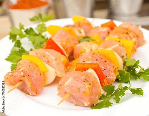 Raw chicken and vegetable skewers on a plate