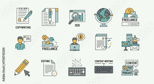 Content Writing and Freelance Work Icons – Copywriting, SEO, Keyboard, Globe, Document, Freelancer, Pencil & Digital Marketing Symbols