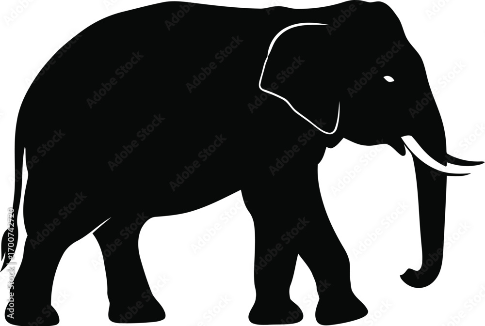Fototapeta premium Elegant black silhouette of an elephant walking gracefully against a clean white background, perfect for logos and branding