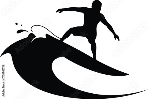 Dynamic silhouette of a surfer riding a stylized wave, capturing the thrill of surfing and the energy of the ocean, perfect for design projects