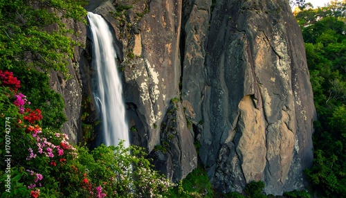 Waterfall cascading down rocky cliffs, lush greenery