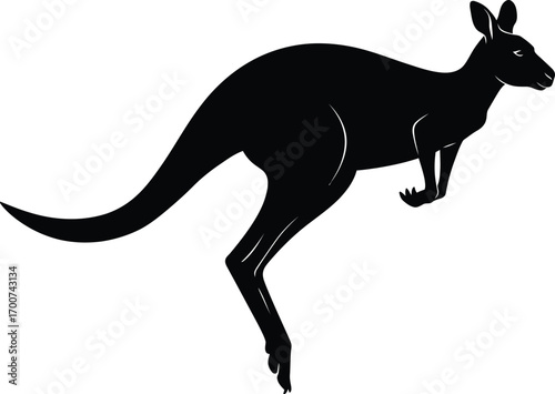 Dynamic black kangaroo silhouette leaping across white background, perfect for travel branding and Australian themed projects, conveying freedom.