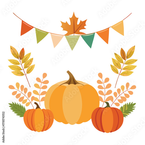 Three Pumpkins and Autumn Leaf Garland fall gourds