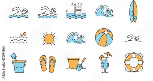 Colorful Beach and Swimming Icons – Swimmers, Waves, Surfboard, Beach Ball, Sun, Sand Bucket & Lifebuoy for Summer & Vacation Design