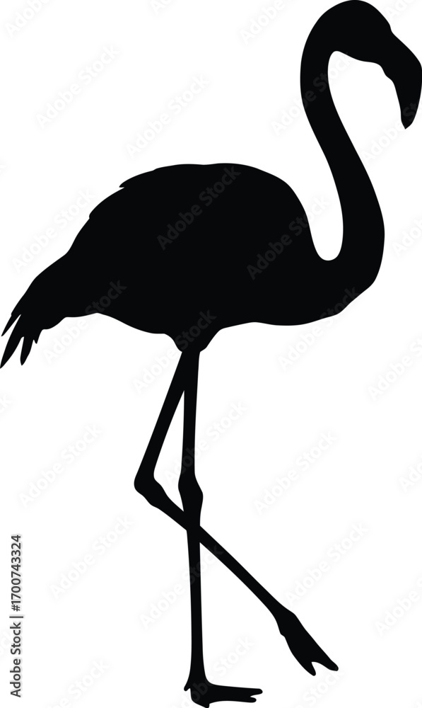 Naklejka premium Elegant flamingo silhouette walking gracefully against a clean white backdrop, perfect for modern design and branding projects