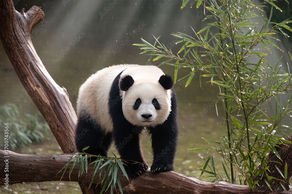 Obraz premium A serene panda is perched on a sturdy branch, basking in soft light with vibrant bamboo in the backdrop