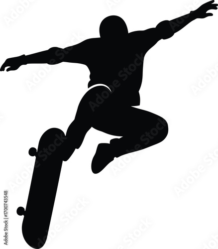 Dynamic skateboarder silhouette mid-air performing a trick, perfect for action sports branding and modern design projects