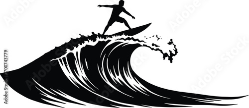 Dynamic black and white silhouette of a surfer riding a massive wave, capturing the thrill of ocean adventure and summer sports