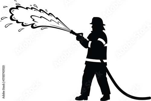 Brave firefighter silhouette battling flames with high-pressure water, a symbol of courage, safety, and emergency services in action