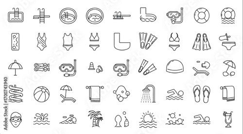 Beach and Summer Vacation Line Icons – Lifebuoy, Snorkel, Flippers, Swimwear, Palm Trees & Water Sports Symbols for Travel Design